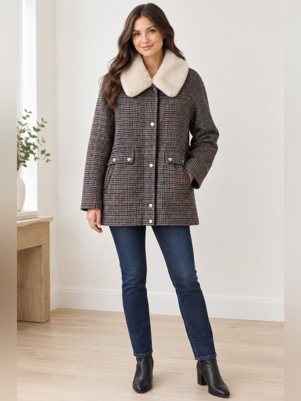 Sanctuary Plaid Pea Coat with Cream Detachable Faux Fur Collar